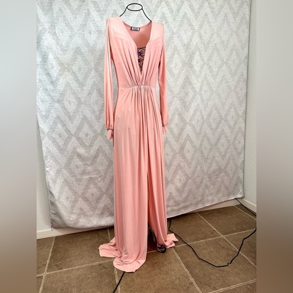 Lexi Drew baby pink long sleeve v neck maxi dress with leg slit size M - Picture 1 of 11
